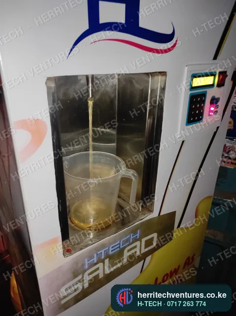 Dispensing cooking oil into a measuring jug to check the measure, May 2022