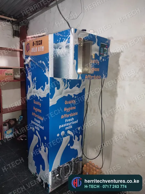 An H-TECH milk ATM selling in a shop, September 2022
