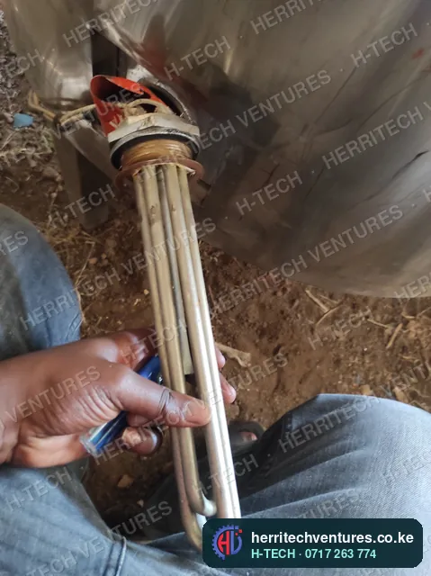Checking an immersion heating element before fitting it to a milk pasteurizer, September 2022