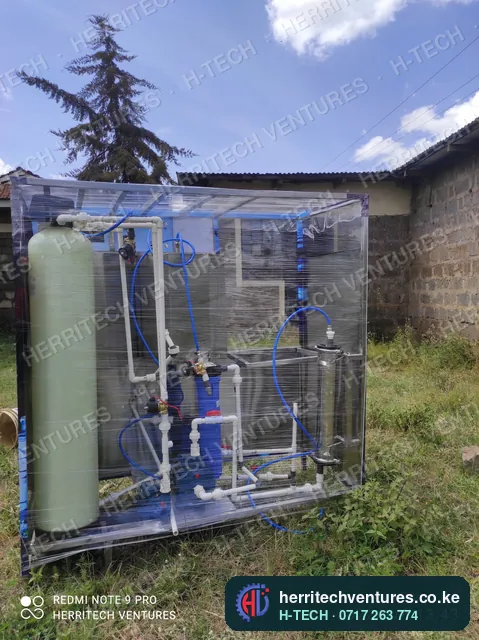 Inside the enclosure: FRP vessel, RO unit and pipework, January 2022
