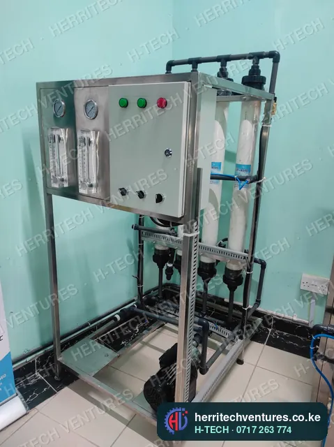 A stainless RO water purifier on its frame, September 2022