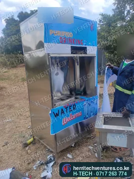 A stainless water station before its branding panels go on, September 2022