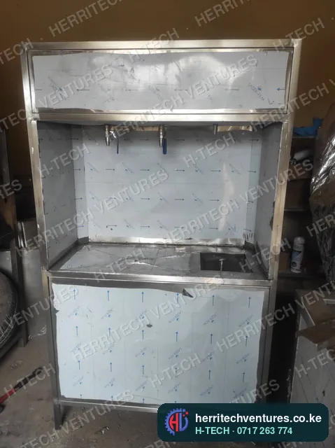 A stainless water vending cabinet fresh from fabrication, August 2022