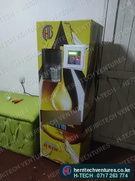 A tall branded cooking oil ATM finished in the workshop, July 2022