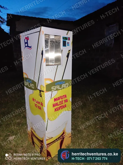 A tall H-TECH Salad oil ATM finished in our workshop, January 2022