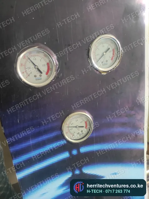 Pressure gauges on a water station front panel, September 2022