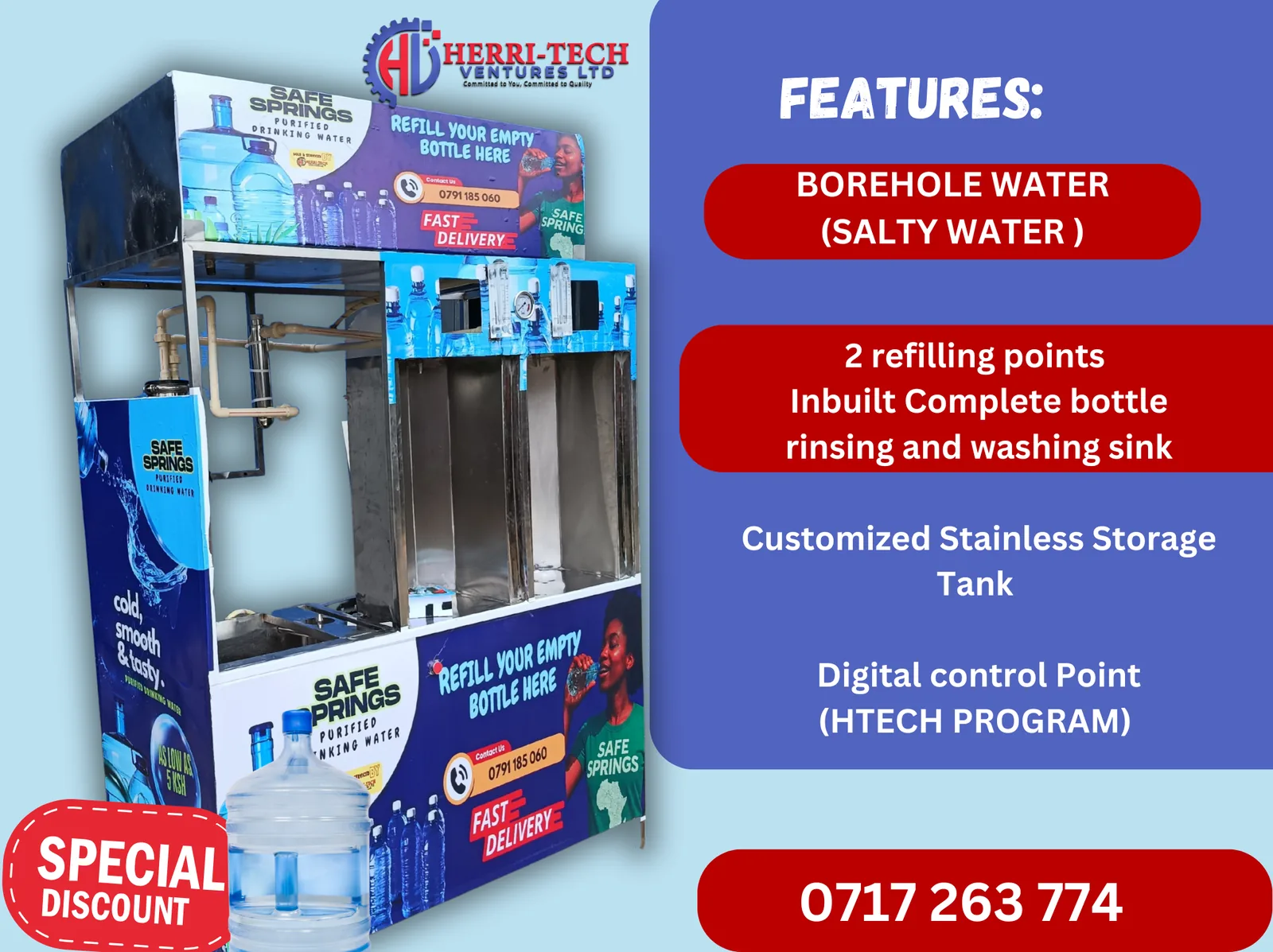 H-TECH borehole RO machine features including refill points, bottle washing and digital control