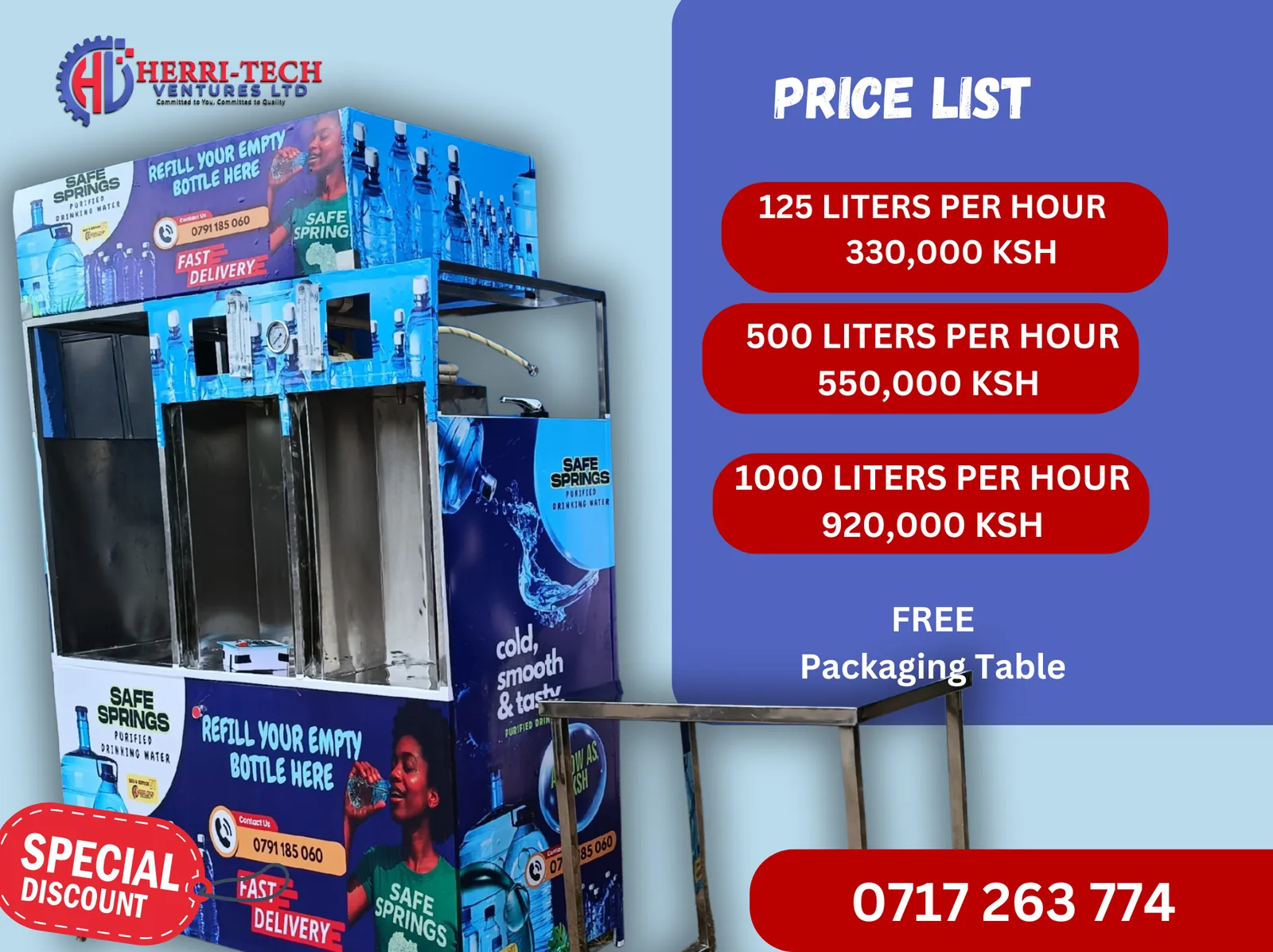 H-TECH borehole RO machine capacity and price guide for 125, 500 and 1000 LPH systems