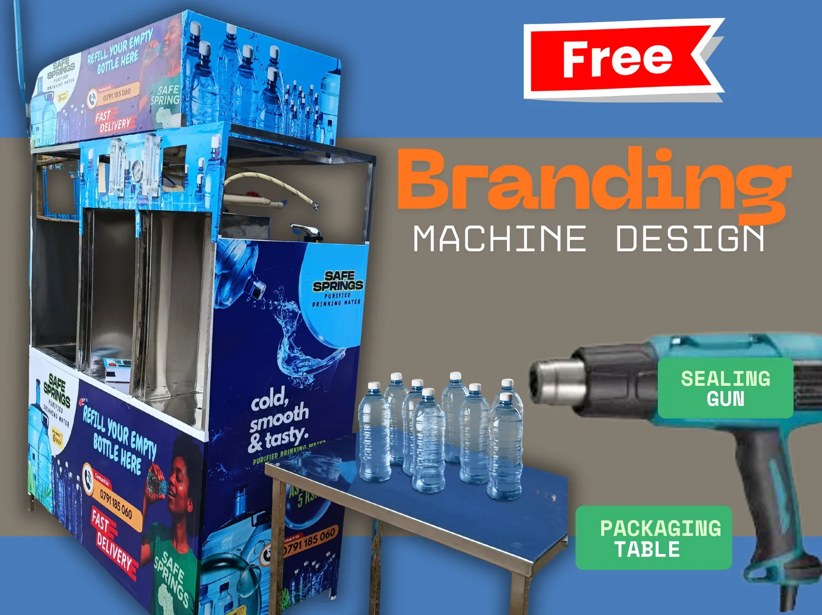 H-TECH RO vending machine promotional package with branding, packaging table and sealing gun