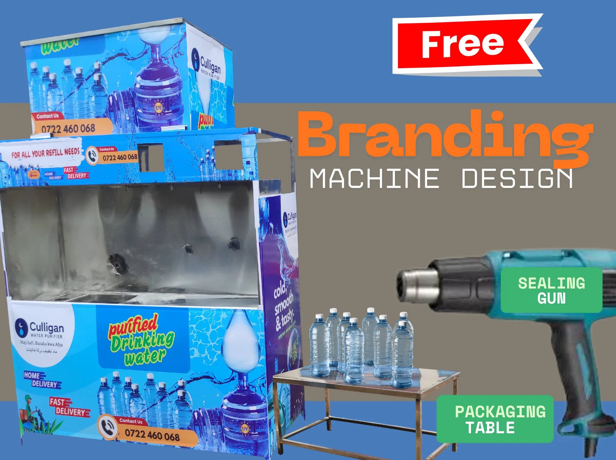 H-TECH already-purified-water refill machine with advertised branding and packaging package