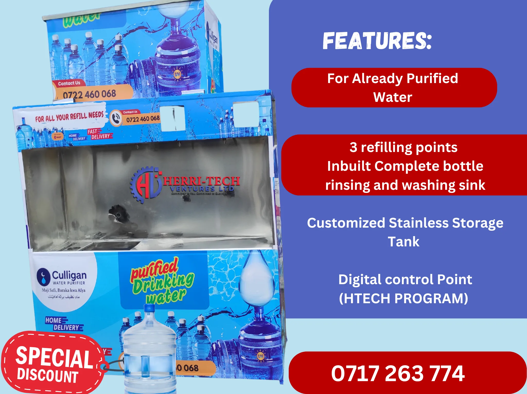H-TECH purified-water machine features including three refill points bottle washing and digital control
