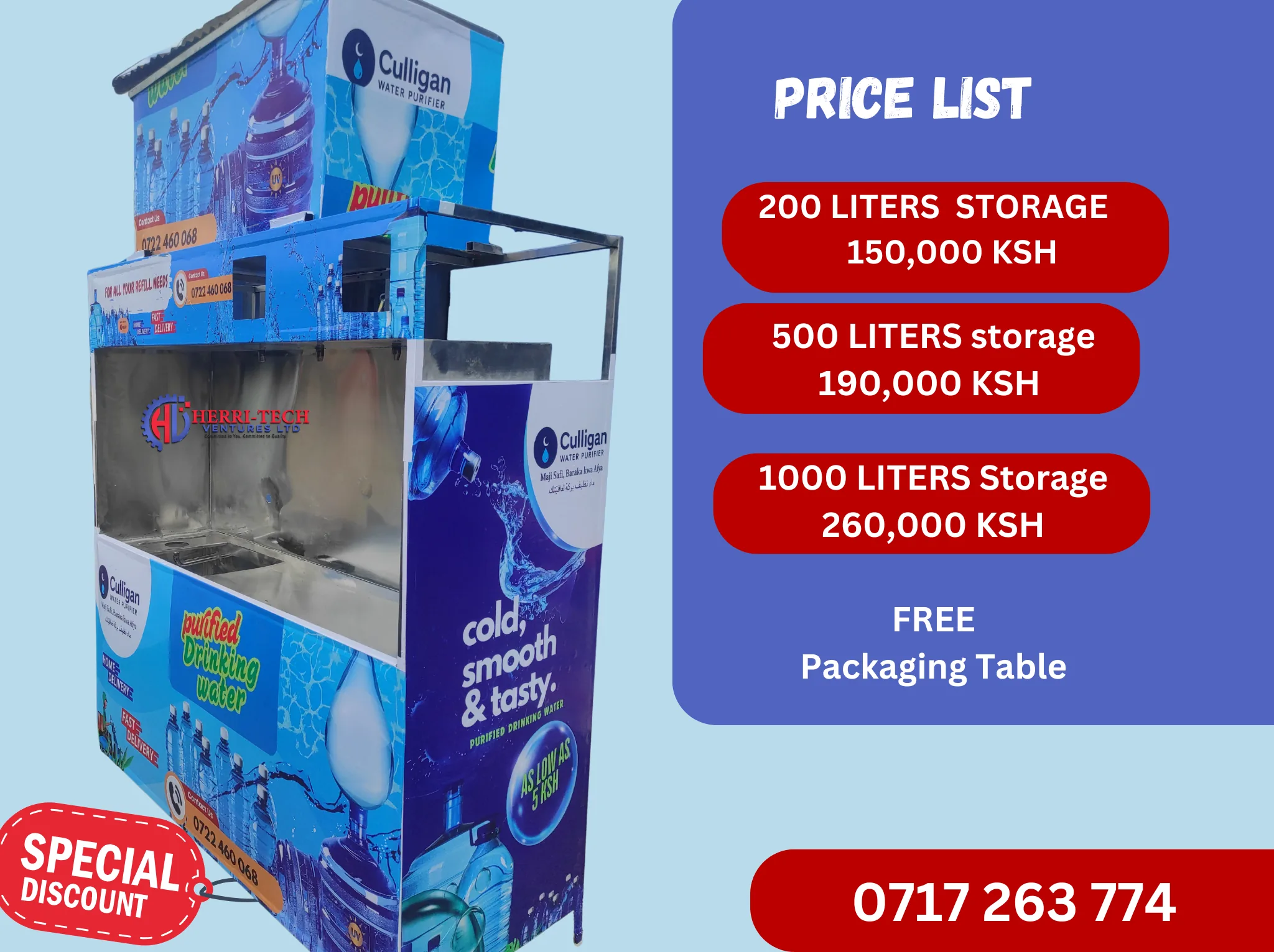 H-TECH already-purified-water vending machine 200 500 and 1000 litre storage price guide in Kenya