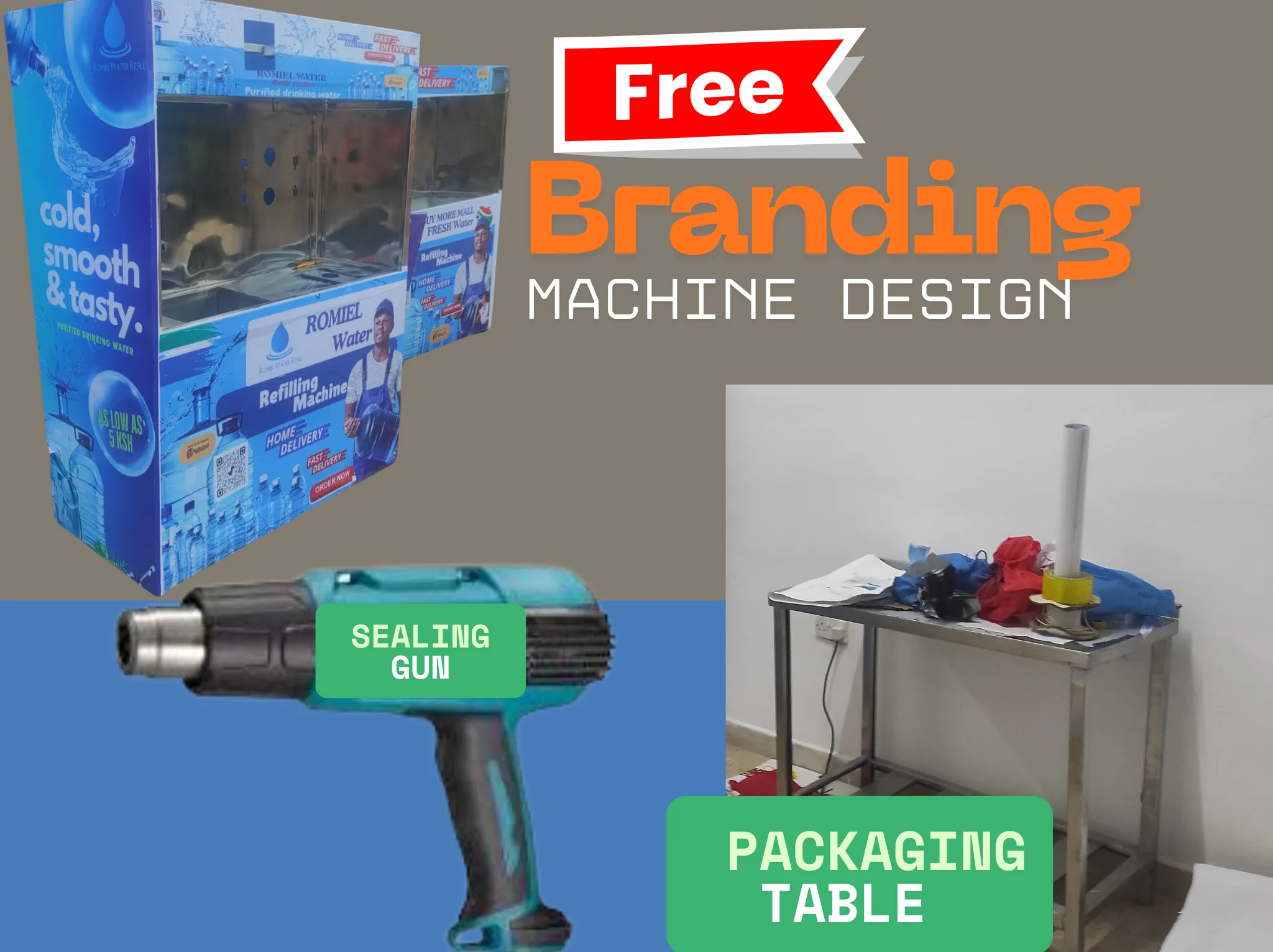 H-TECH municipal UF water refilling machine with branding, sealing gun and packaging table
