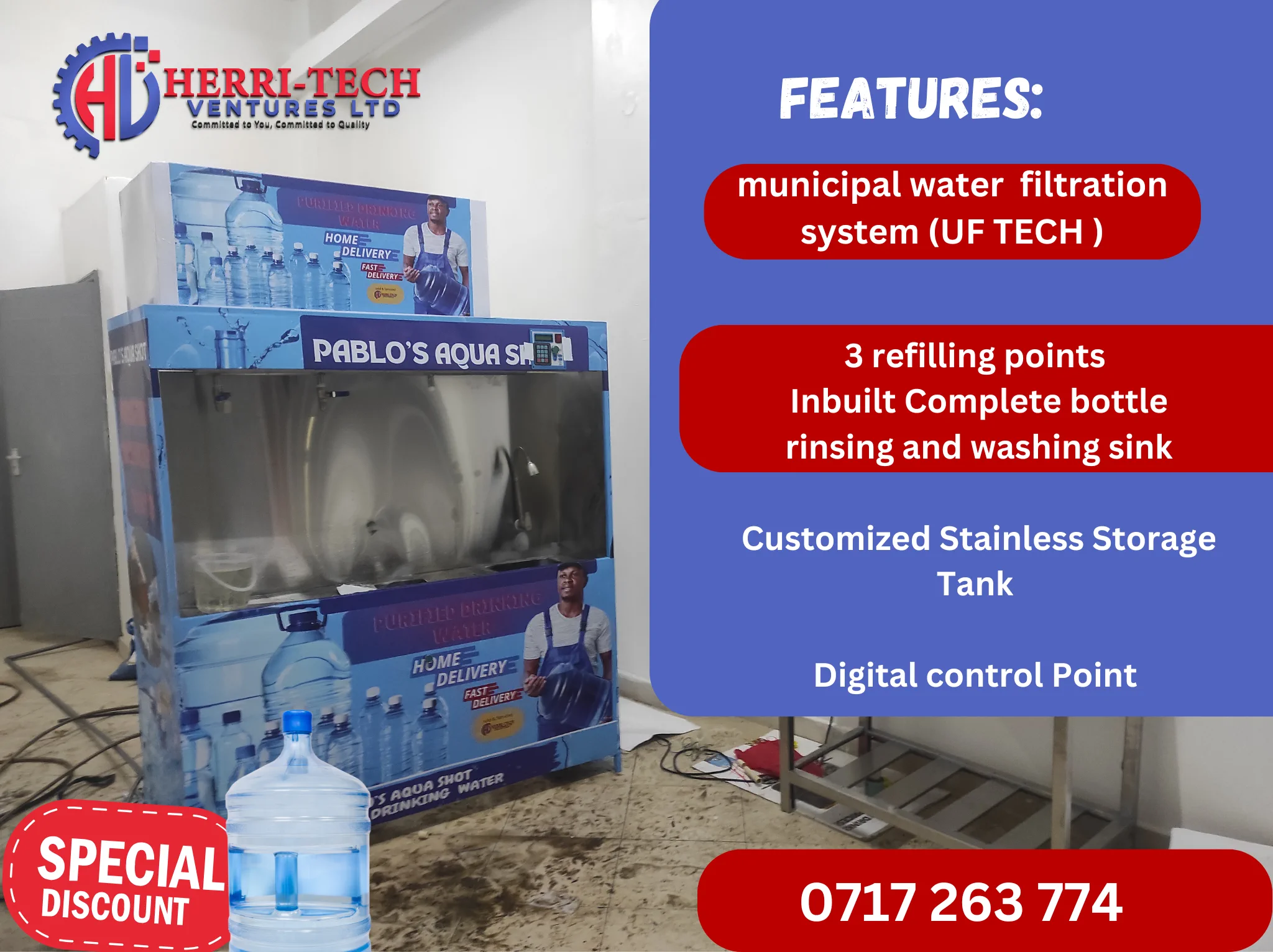H-TECH municipal UF machine features including three refill points rinsing sink and storage