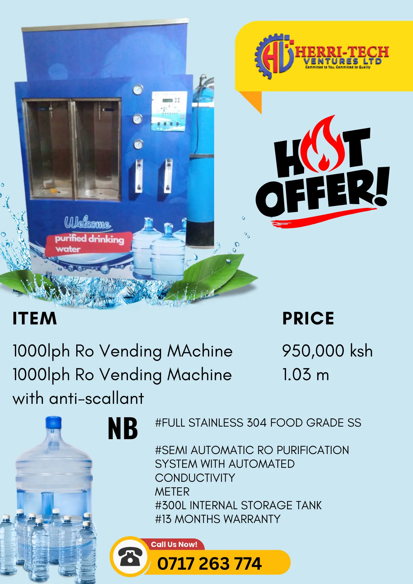 H-TECH 1000 LPH RO vending station standard and antiscalant price poster