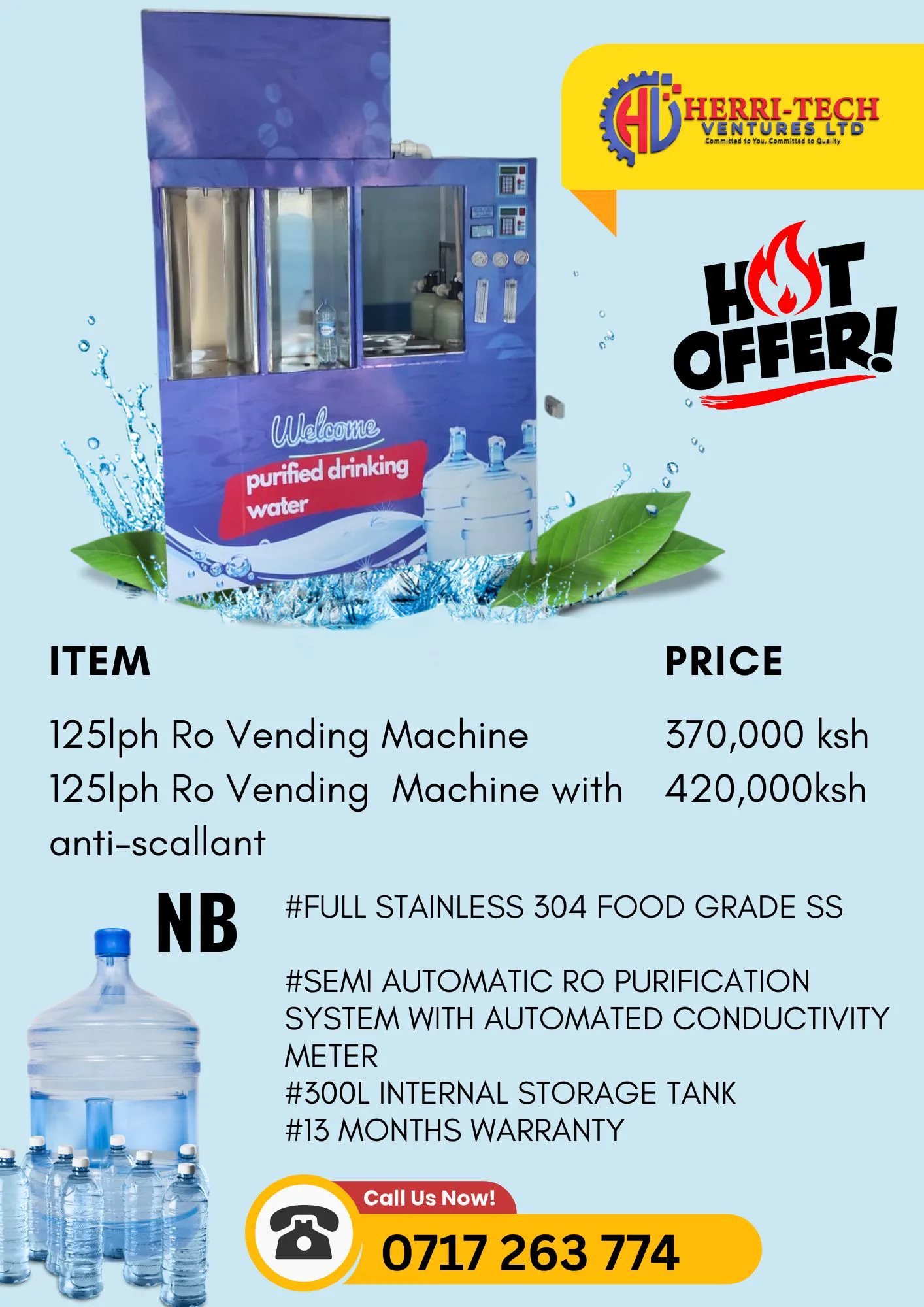 H-TECH 125 LPH RO vending station standard and antiscalant price poster