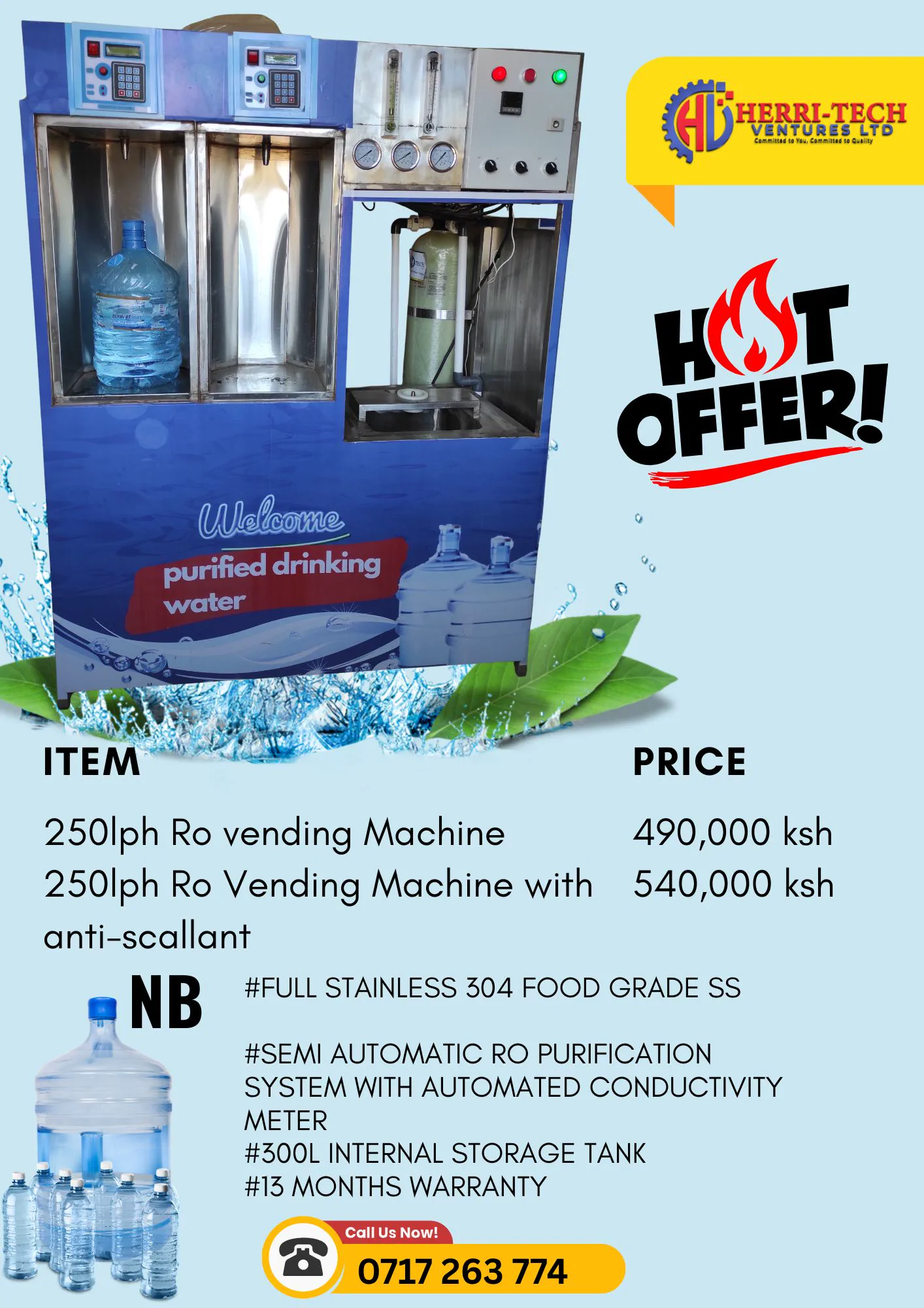 H-TECH 250 LPH RO vending station standard and antiscalant price poster