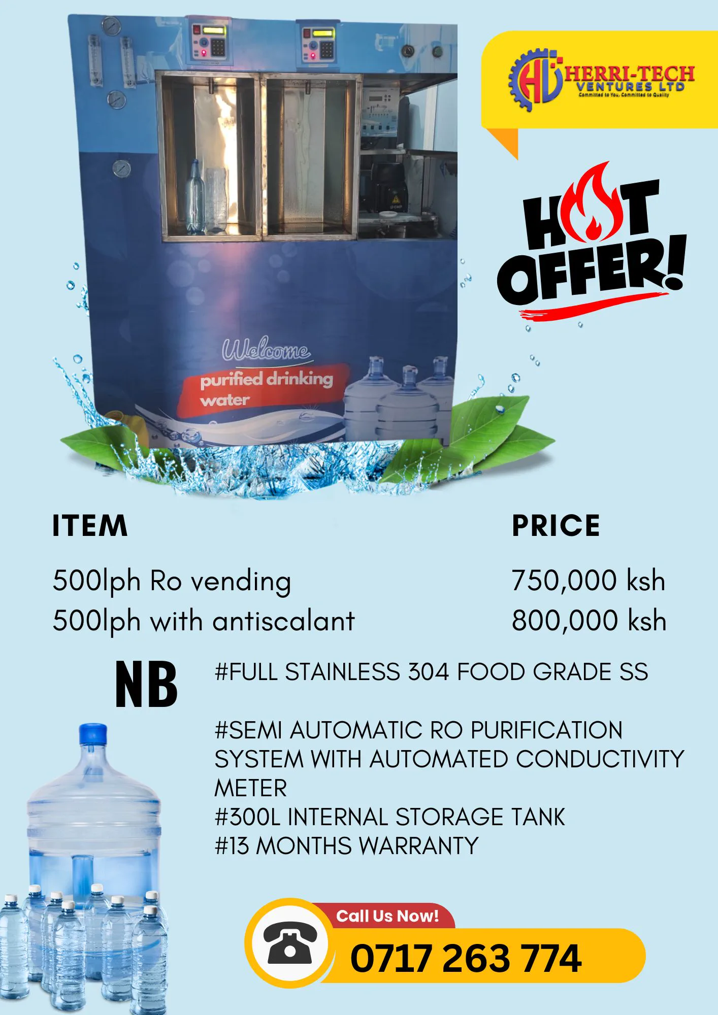H-TECH 500 LPH RO vending station standard and antiscalant price poster