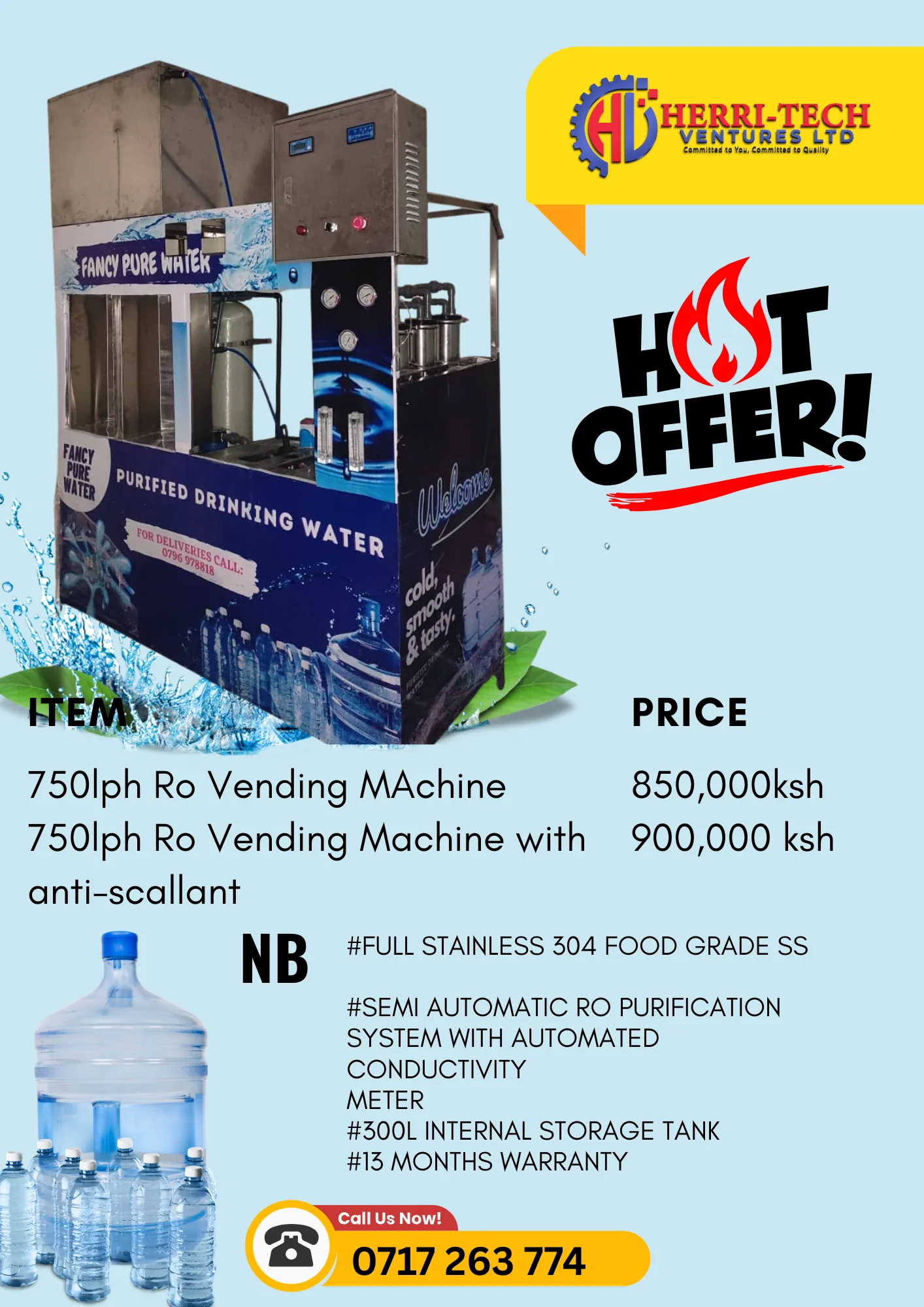 H-TECH 750 LPH RO vending station standard and antiscalant price poster
